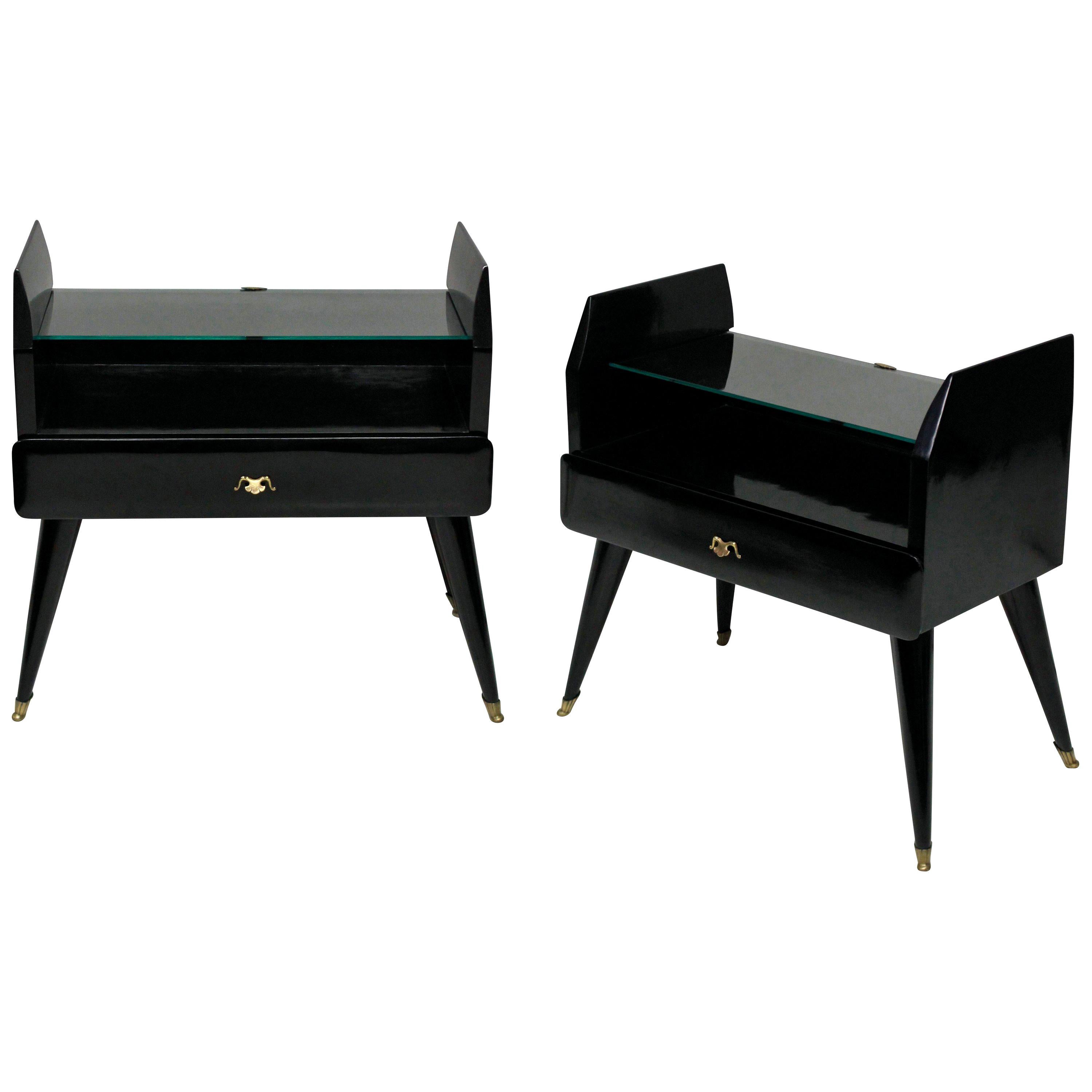 Pair of Stylish Black Lacquered Nightstands