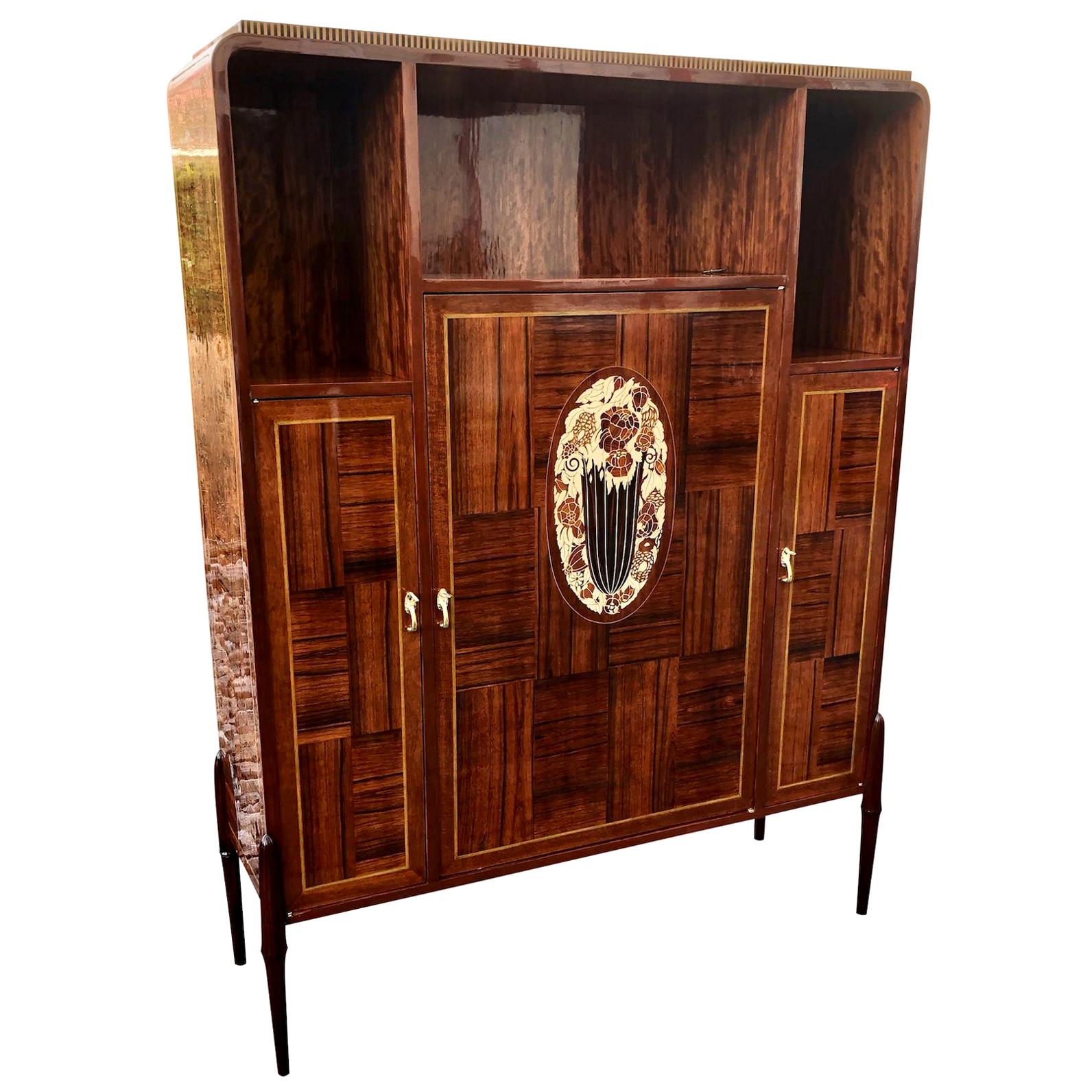 Real Wood Veneer Art Deco Cabinet with Inlays in Style of Jacques Emile Ruhlmann For Sale