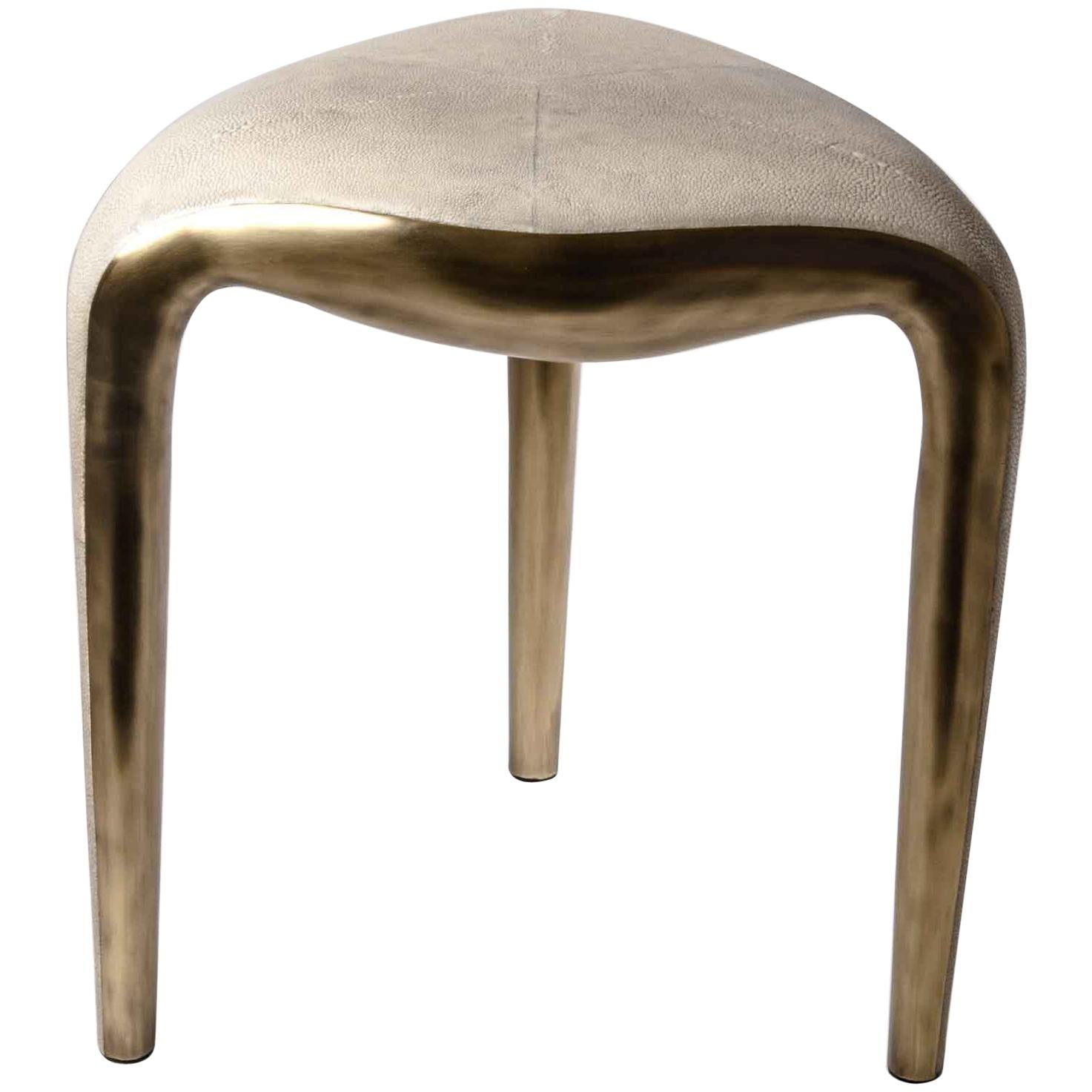 Sigorney Stool in Cream Shagreen and Bronze-Patina Brass by R&Y Augousti