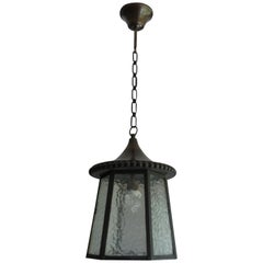 Early 1900s Arts and Crafts Patinated Brass & Cathedral Glass Pendant or Lantern