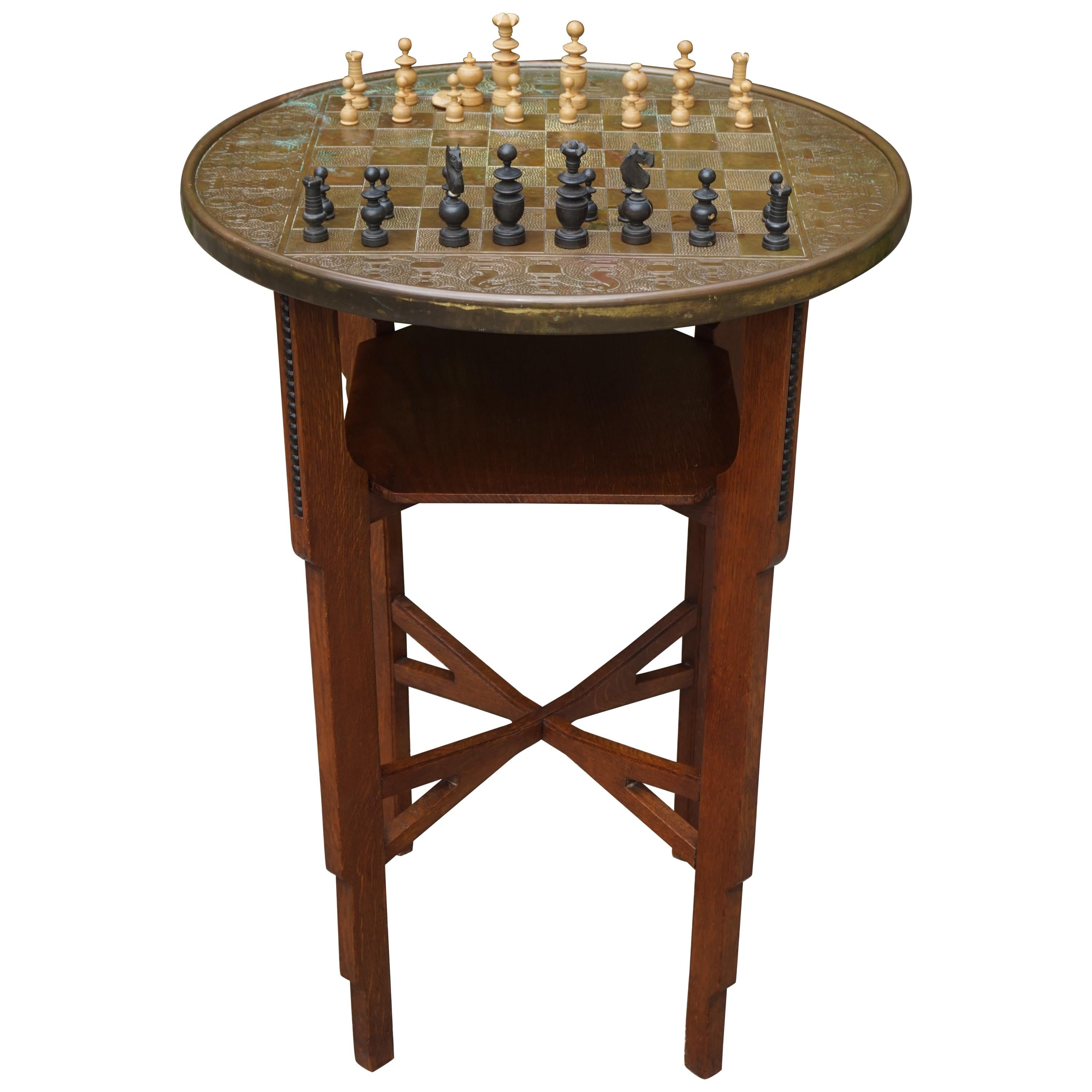 Early 1900s Dutch Arts and Crafts Chess Table with Embossed Brass Chess Pieces