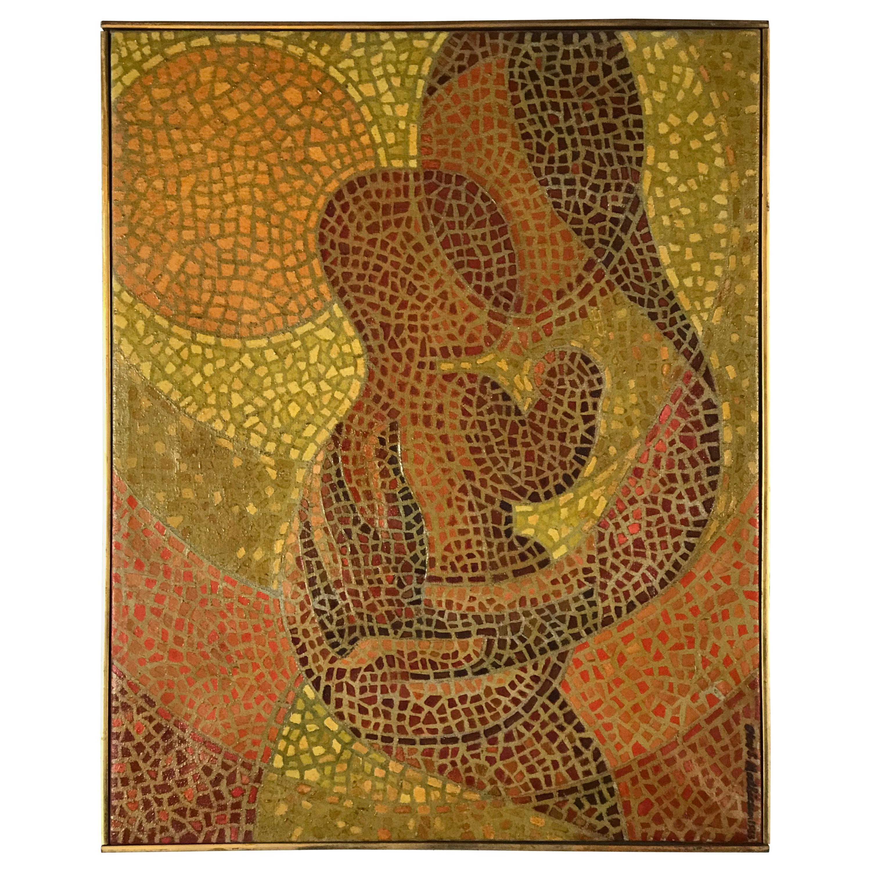 Madonna Mother & Child Mosaic Painting by Olav Mathiesen, Oil on Canvas, 1963