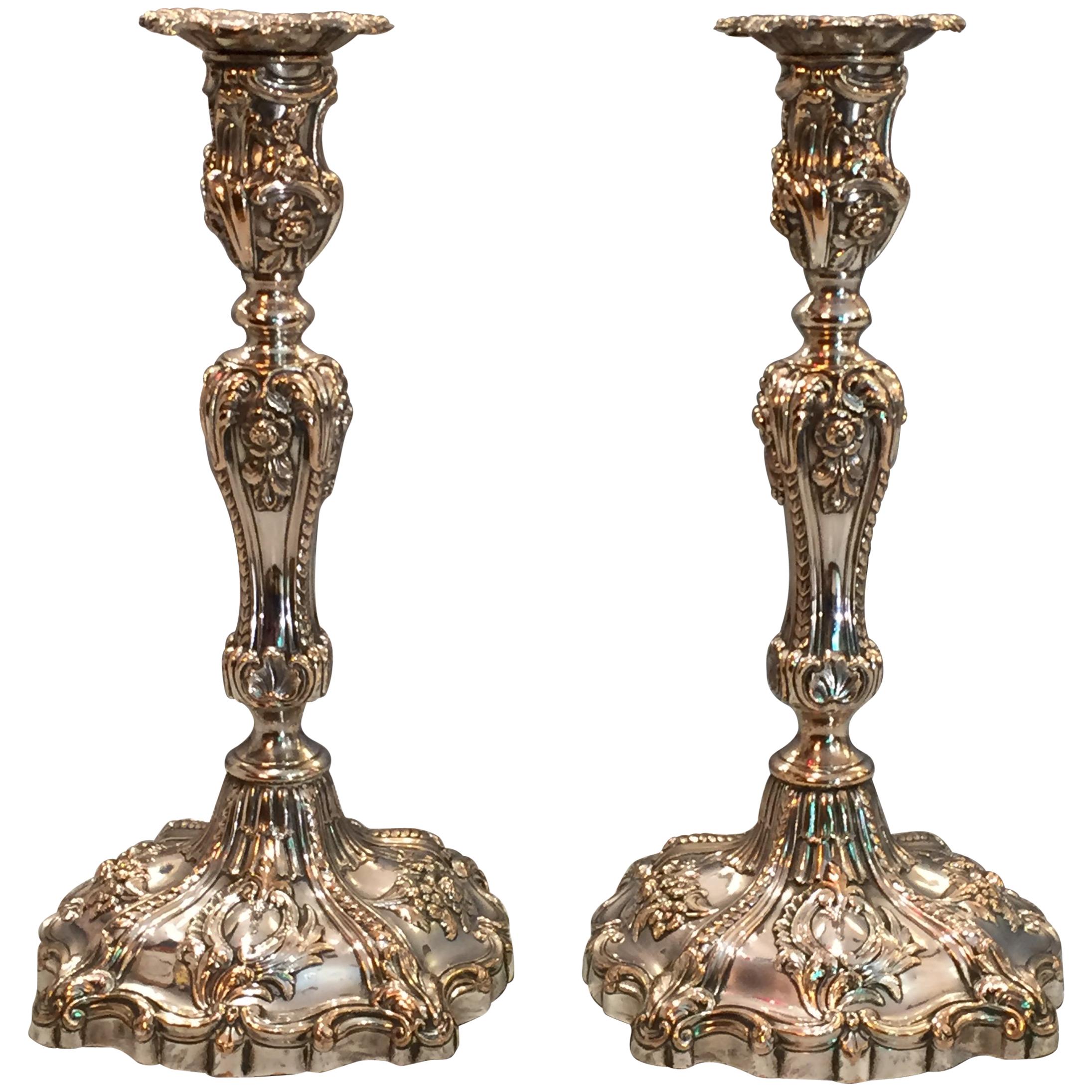 Regency Period Rococo Revival Sheffield Plate Candlesticks by T and J Creswick For Sale