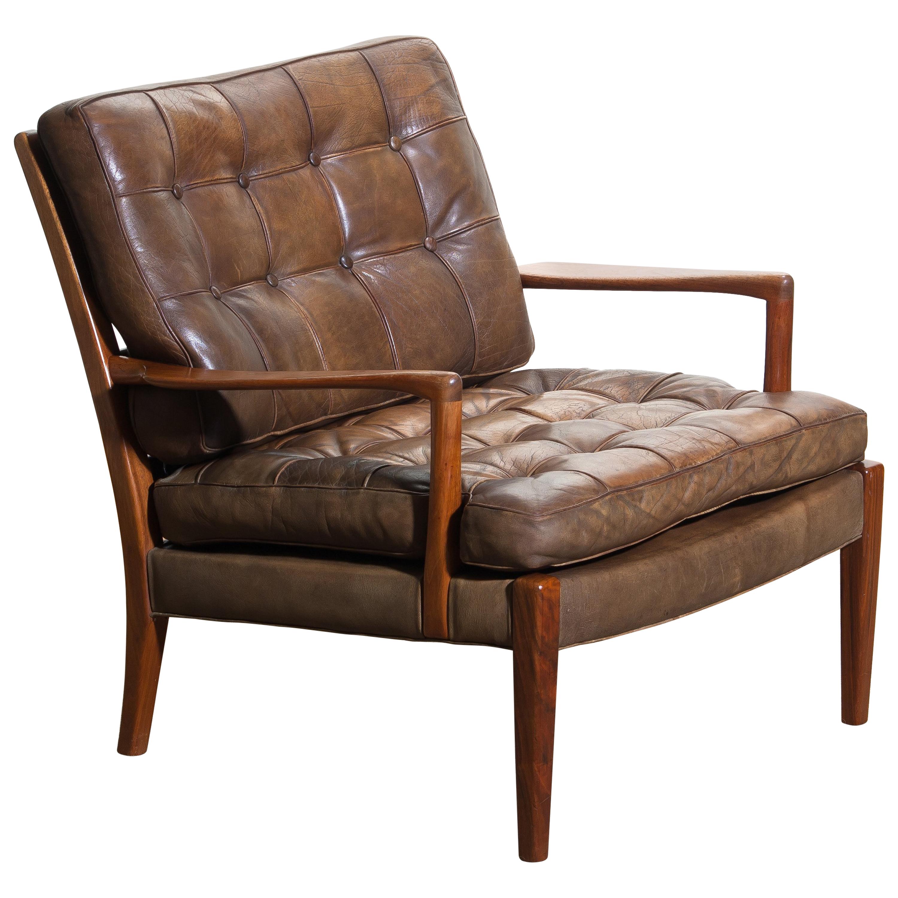 1960s Walnut / Leather Easy / Lounge Chair Model "Loven" by Arne Norell Sweden