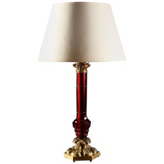 Large William IV Red Glass Column Table Lamp with Gilt Bronze Mounts
