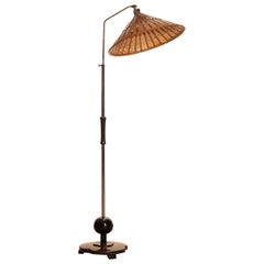 1940s, Art Deco Jugendstil Chromed Floor Lamp with Wicker Shade, Limited Edition