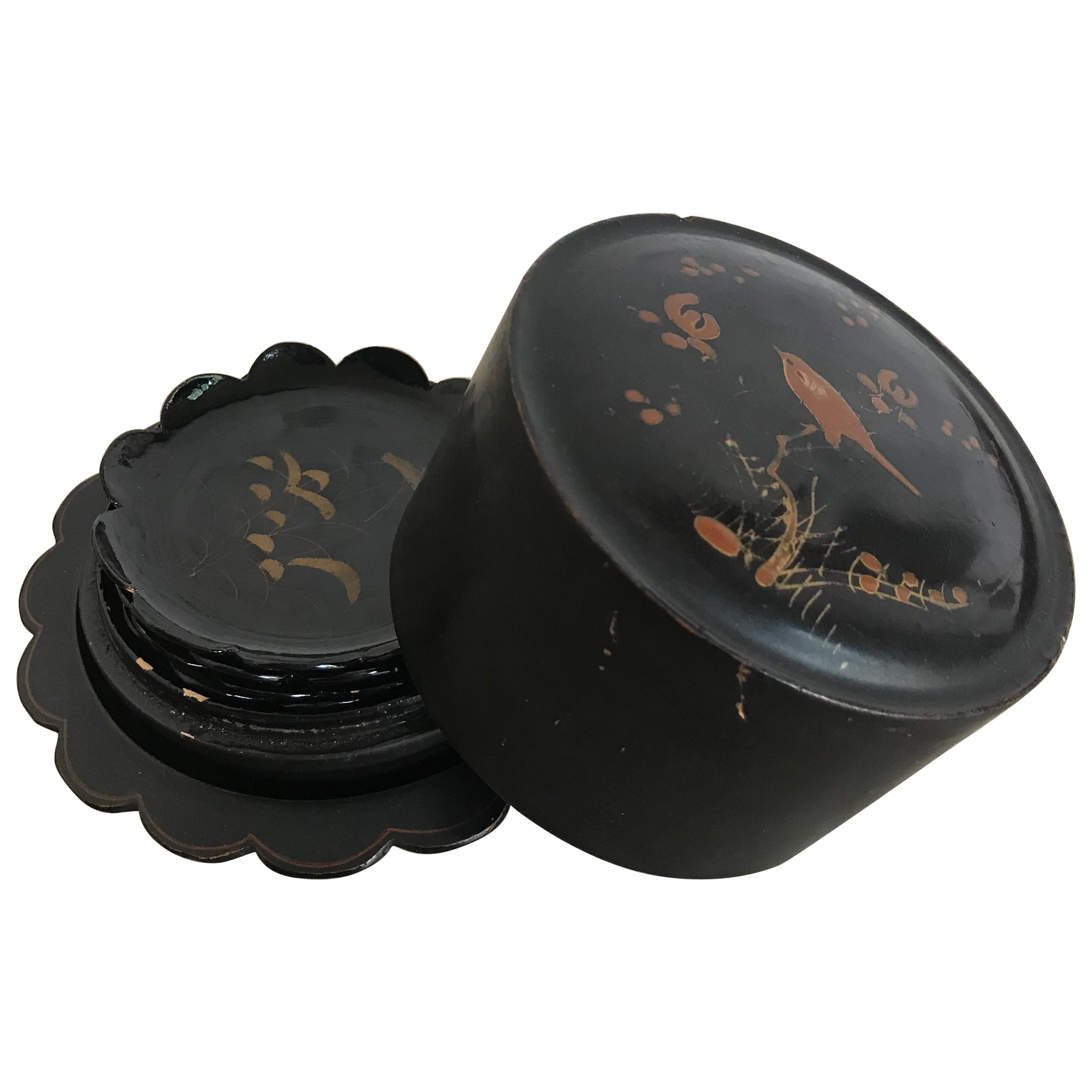 19th Century Japanese Black Lacquered Box with Sauce Dishes For Sale