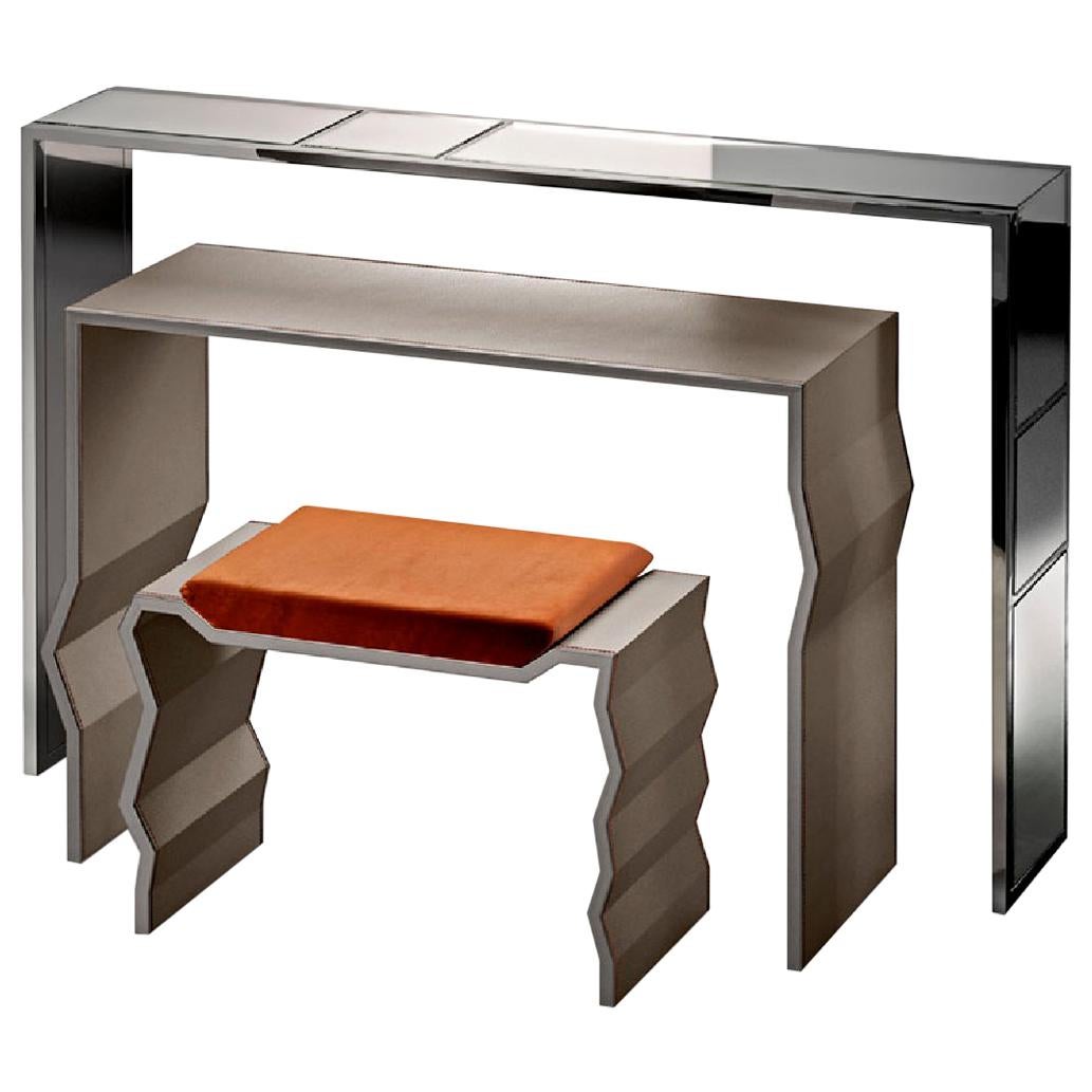 Fantastic Console Made of Three Units in Stainless Steel Smoked Mirror Leather For Sale