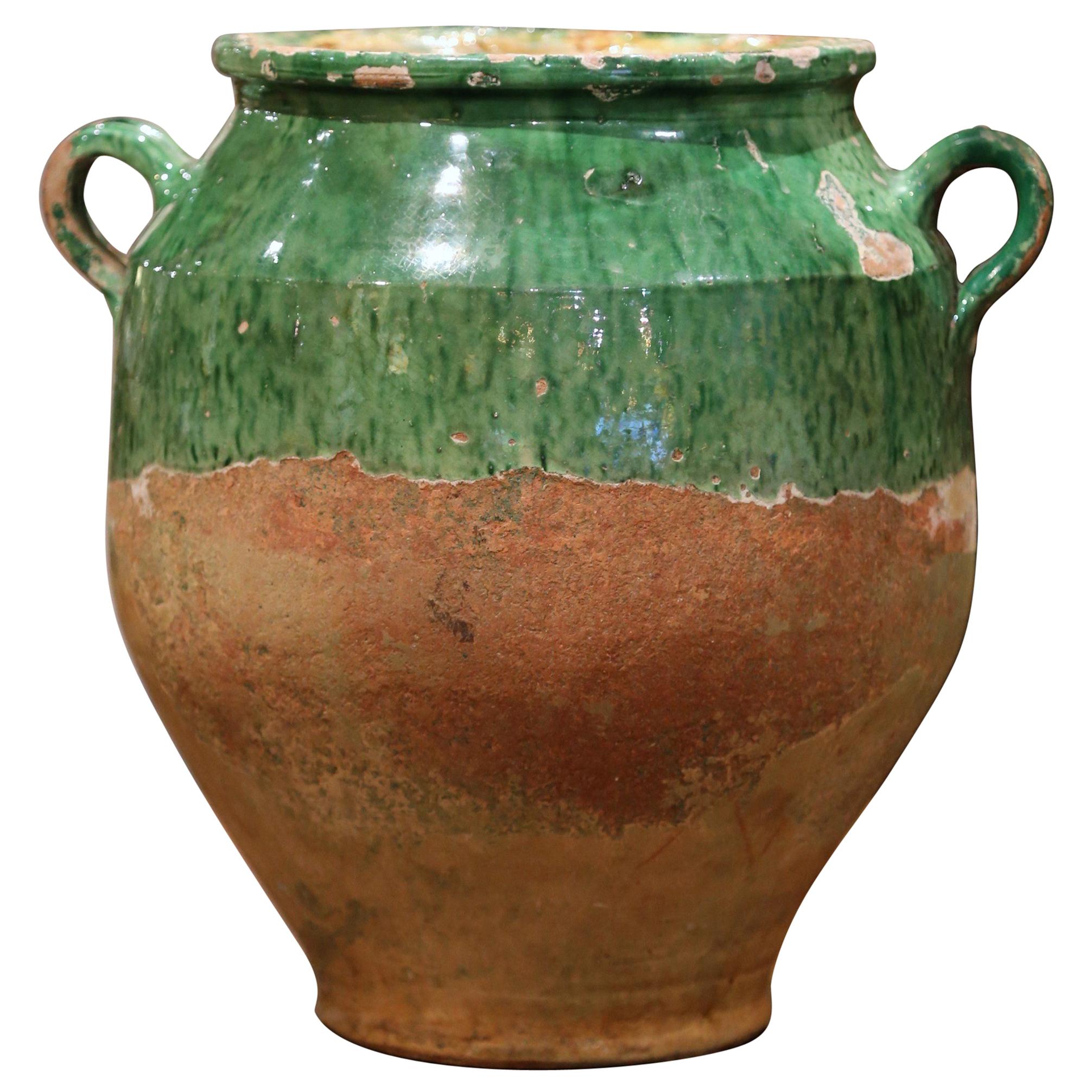 19th Century French Green Glazed Pottery Confit Pot from the Perigord