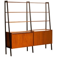 Teak Swedish Double Bookcase And Secretaire with Black Stands, 1950s
