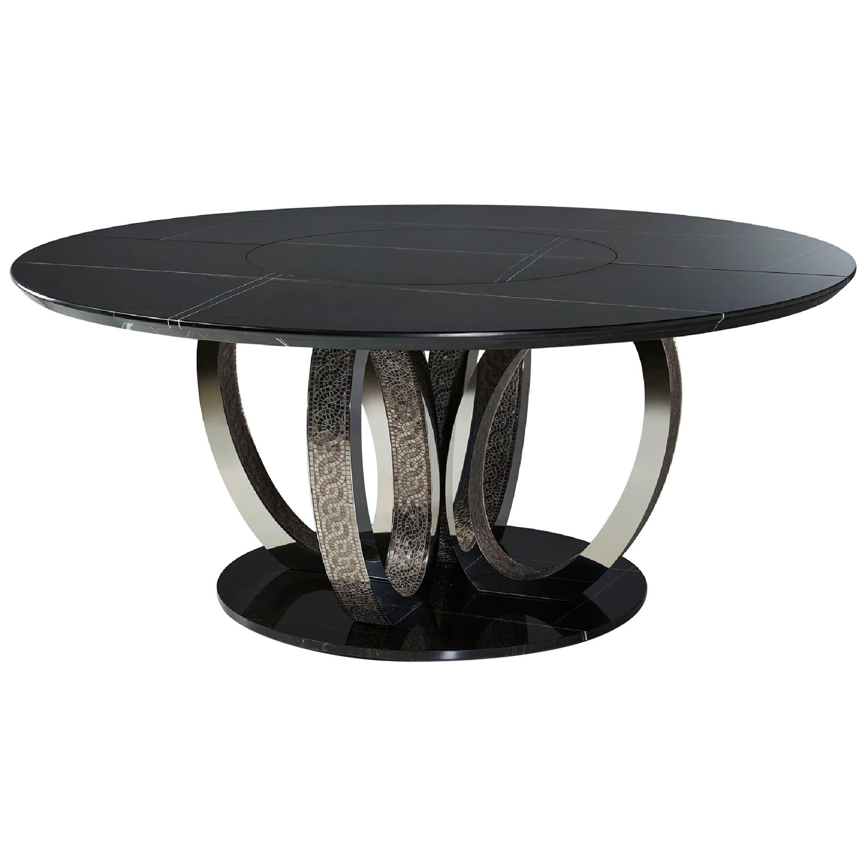 Beautiful Table Base and Top in Marble Rings in Bronze or Polished with Mosaic For Sale