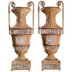 Pair Tall Vintage Italian Hand Beaded Crystal Urn Lamps, circa 1930