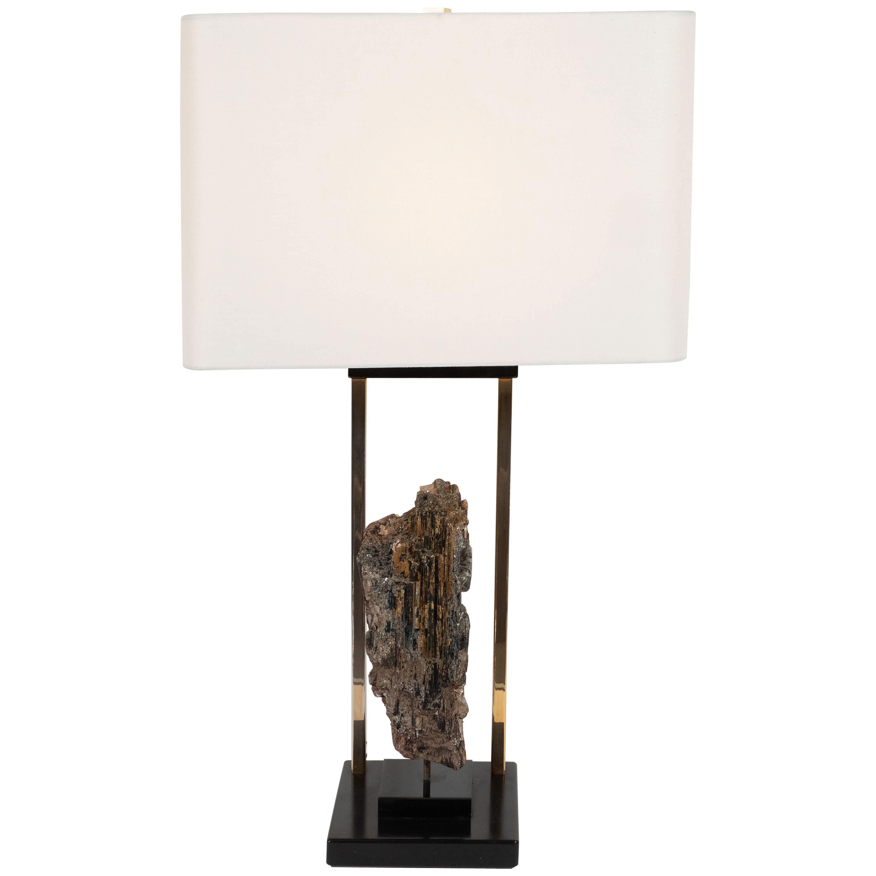 Midcentury Organic Modern Mica, Brass, Black Enamel and Resin Table Lamp For Sale