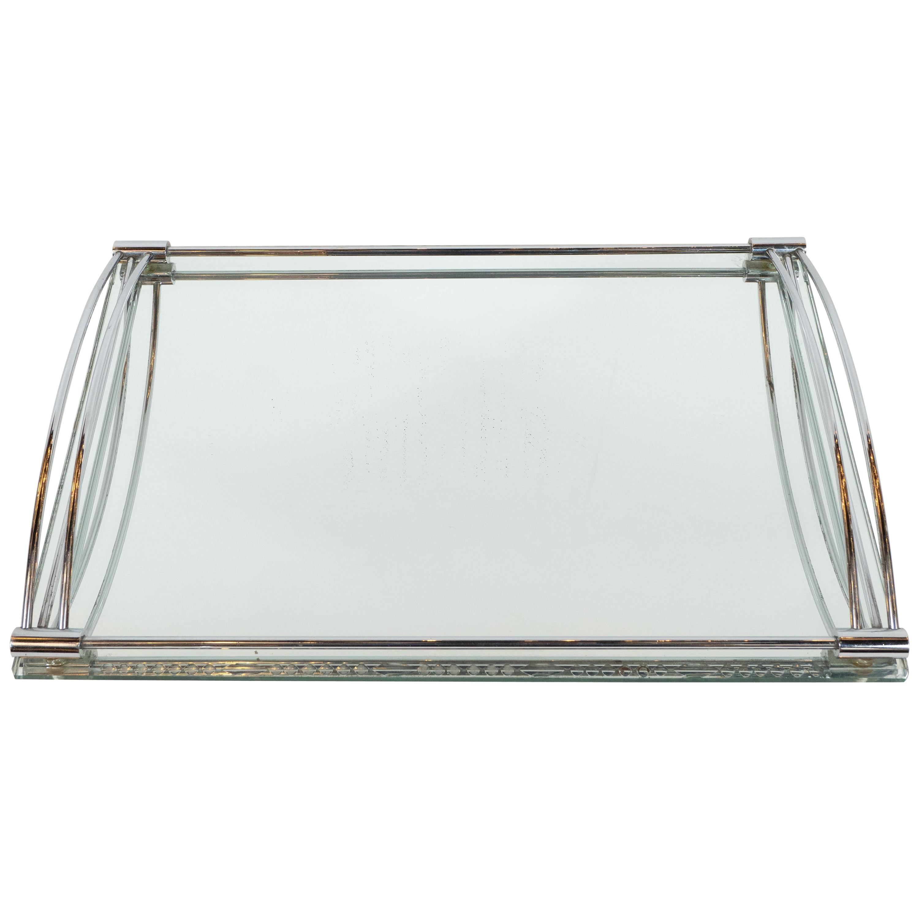French Art Deco Streamlined Chrome and Chain Beveled Mirror Bar Tray
