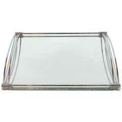 Vintage French Art Deco Streamlined Chrome and Chain Beveled Mirror Bar Tray