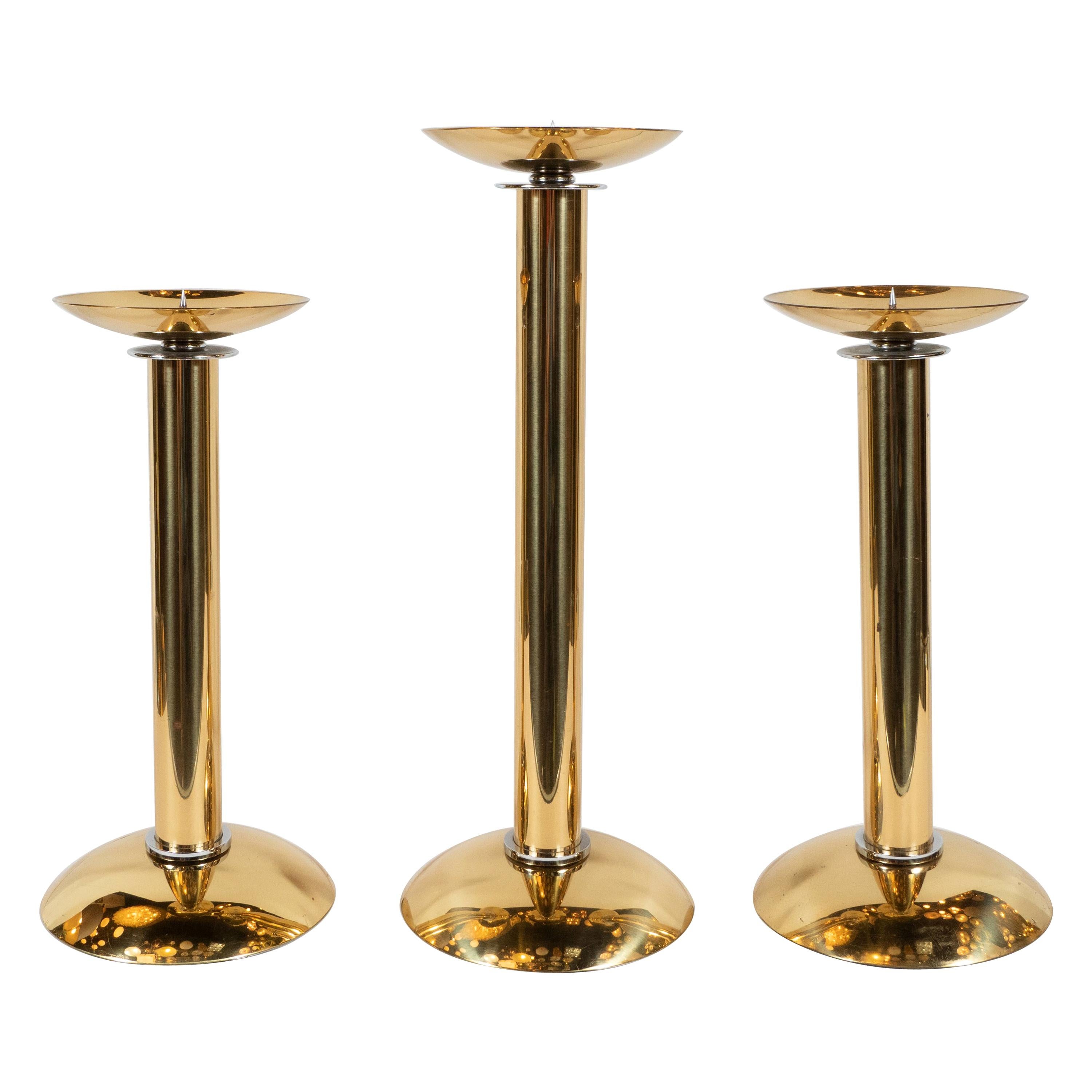 Documented Karl Springer Set of Three Midcentury Brass and Chrome Candlesticks For Sale