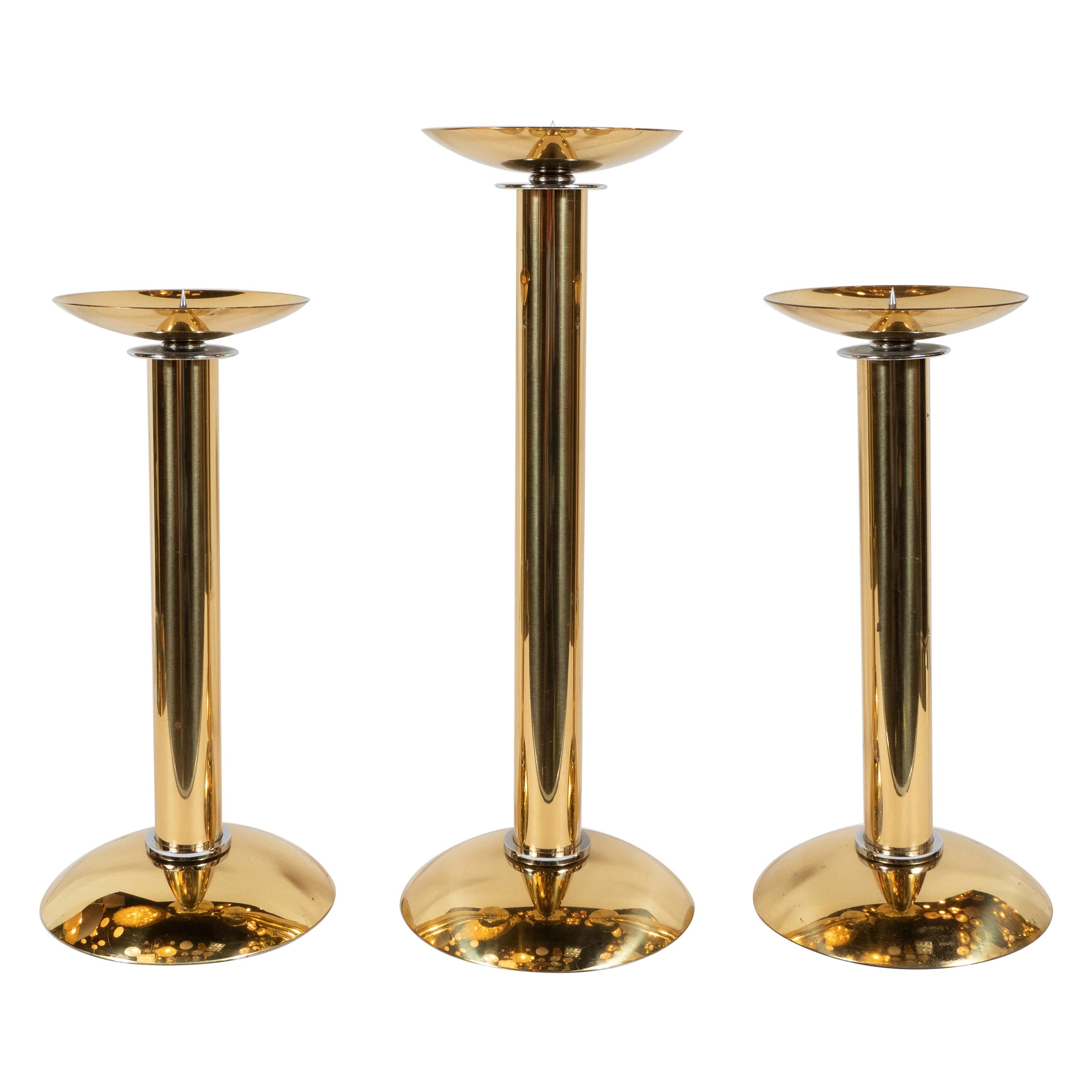 Documented Karl Springer Set of Three Midcentury Brass and Chrome Candlesticks