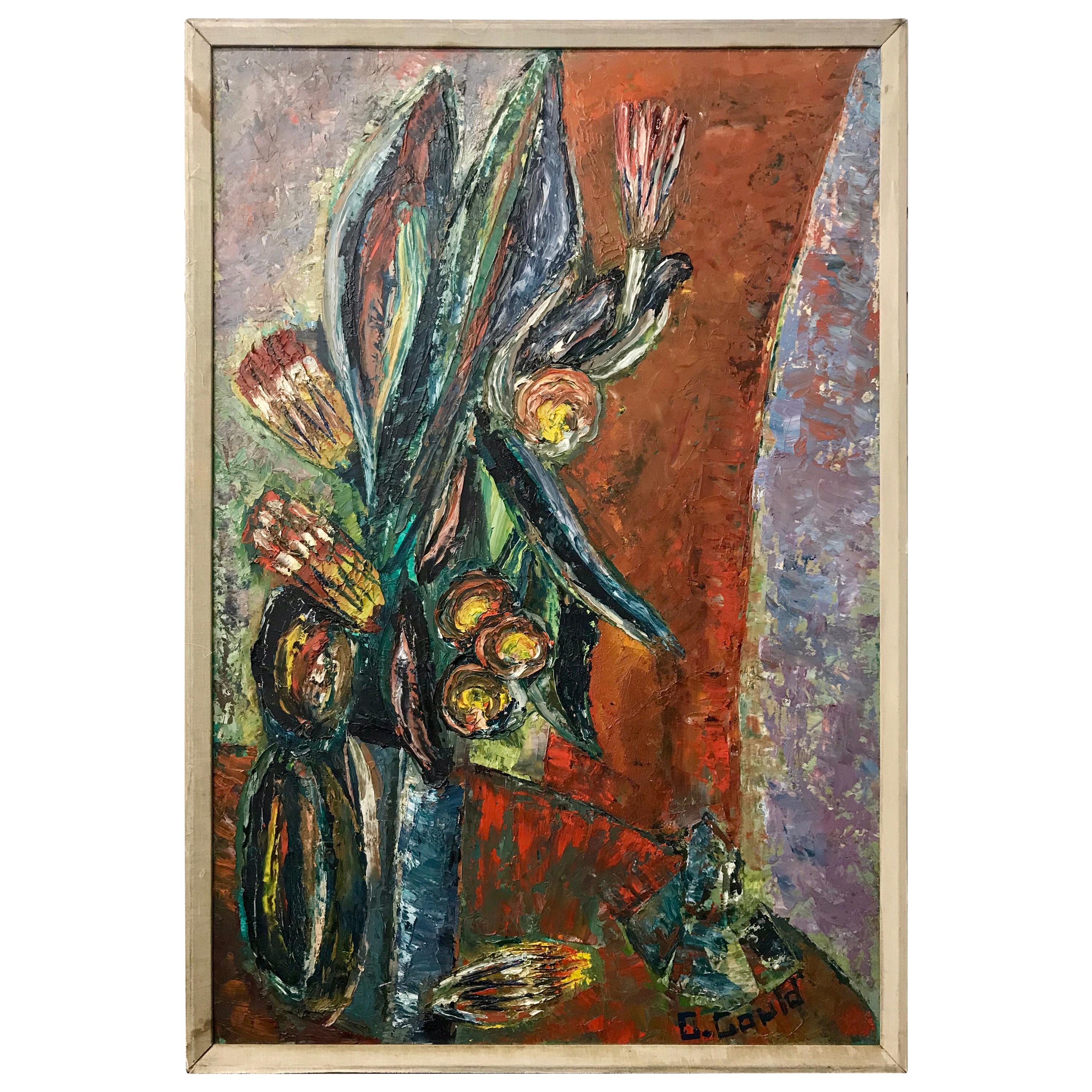 Midcentury Floral Abstract Painting by G. Gould