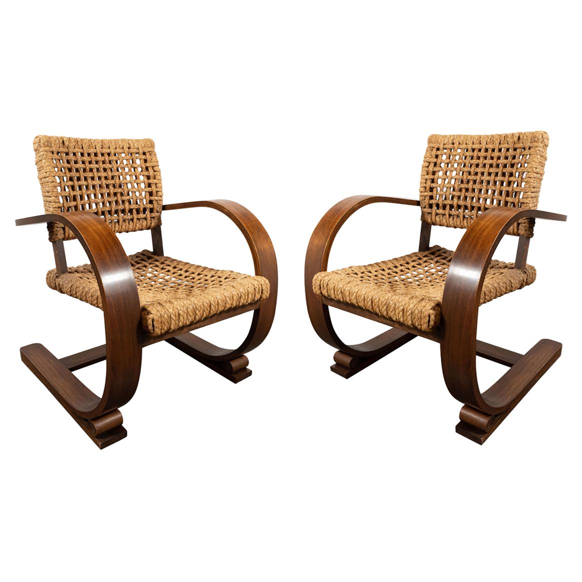 Pair of Art Deco Streamlined Walnut and Rope "Halabala" Chairs by Audoux-Minet