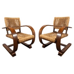 Pair of Art Deco Streamlined Walnut and Rope "Halabala" Chairs by Audoux-Minet