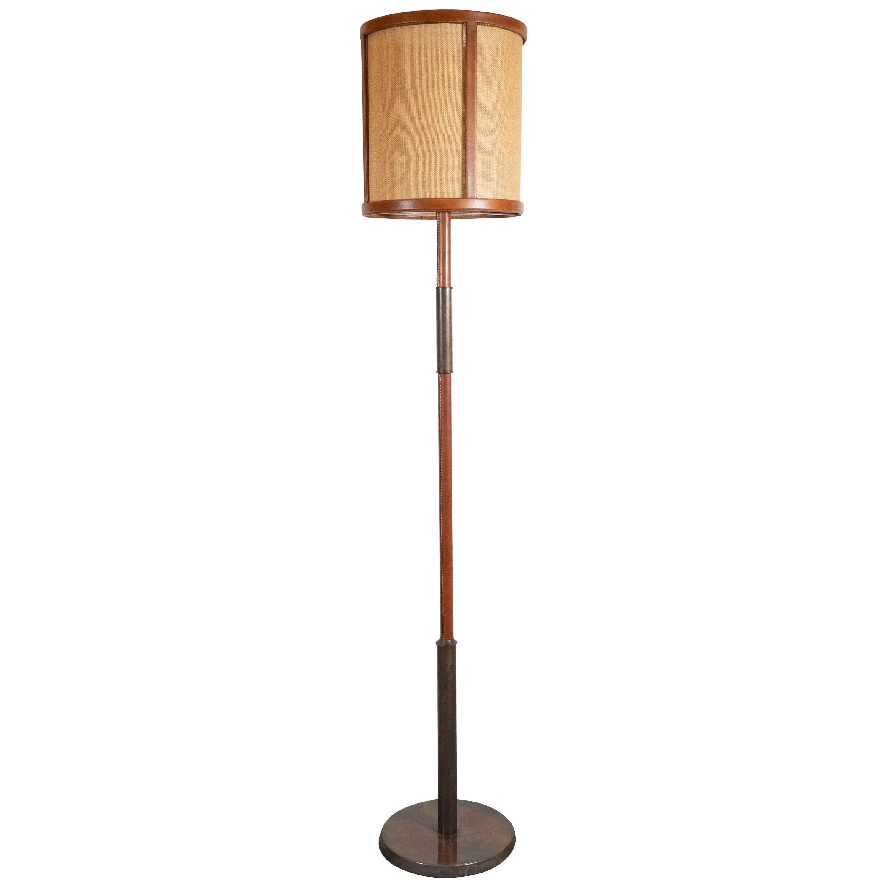 Mid-Century Modern Wrapped Leather and Bronze Floor Lamp, Style of Jacques Adnet