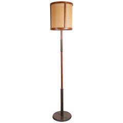 Vintage Mid-Century Modern Wrapped Leather and Bronze Floor Lamp, Style of Jacques Adnet