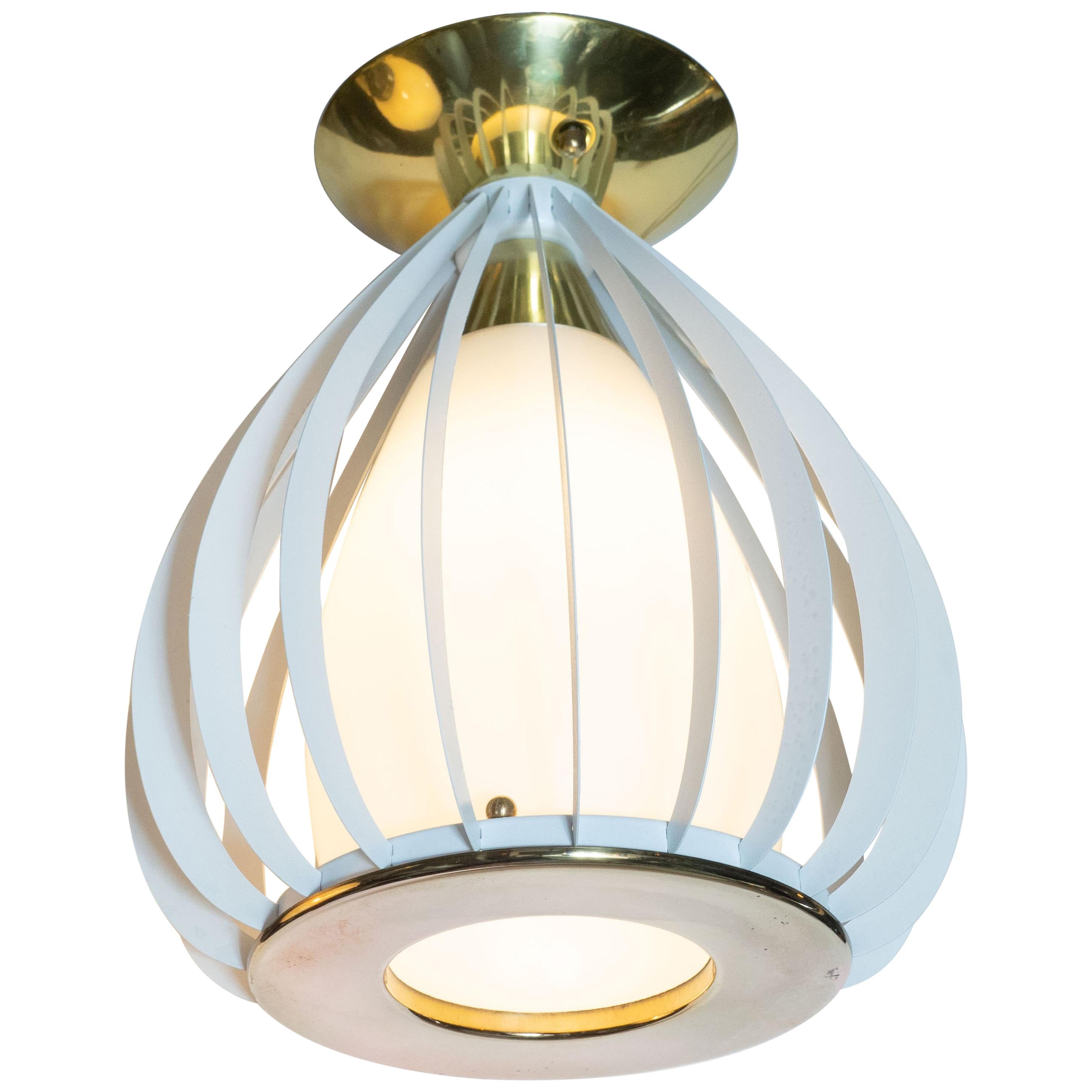 Mid-Century Modern White Enamel, Brass and Frosted Glass Lantern Chandelier
