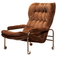 1970s. Chrome and Brown Velours Fabric Lounge Chair by Sapa Rydaholm, Sweden