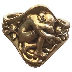 Rare et rare bague en or de style Art nouveau français Paul Louchet Eve avec serpent en guise de fruits défendus