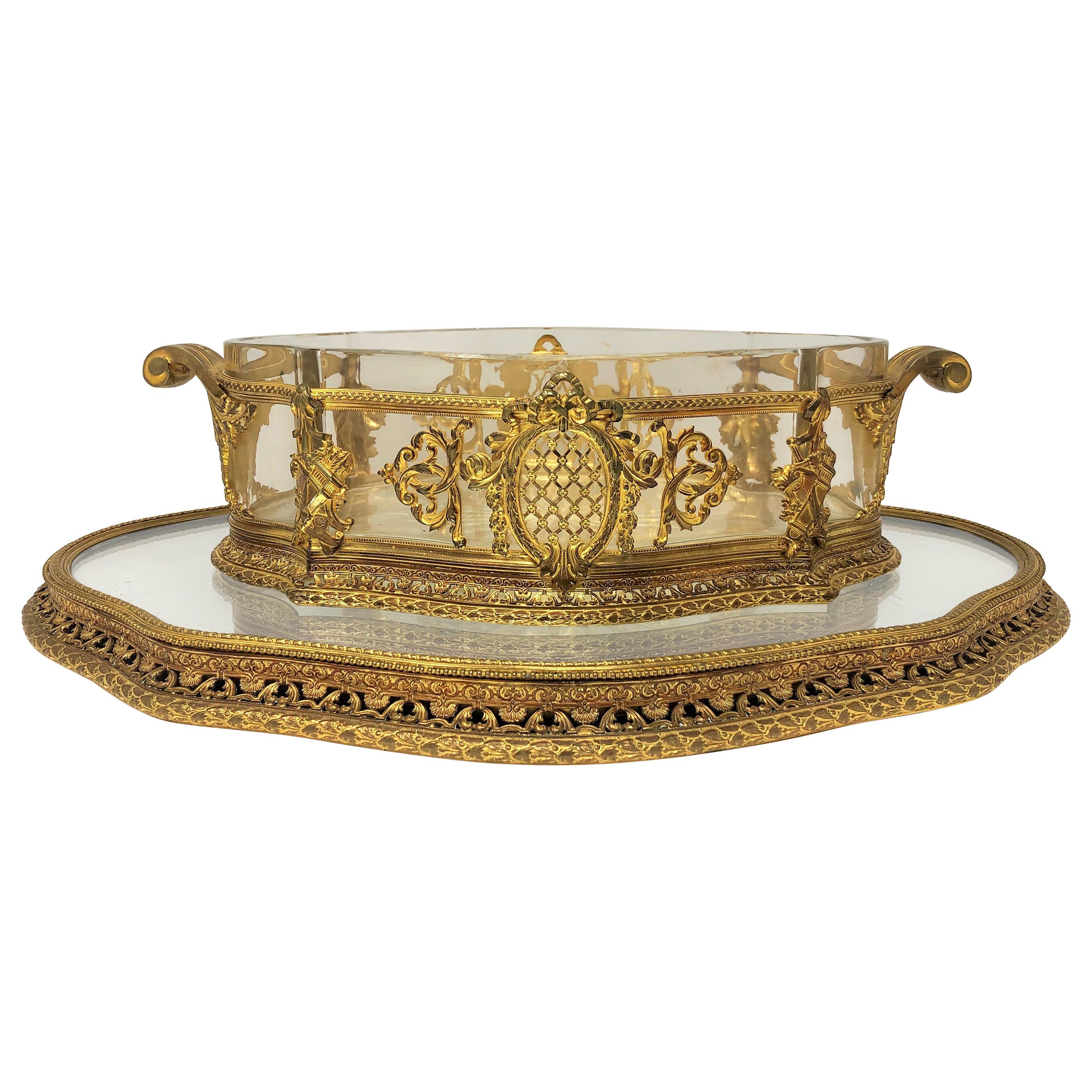 Antique French Bronze D'Ore Cut Crystal Centerpiece and Plateau, circa 1880s