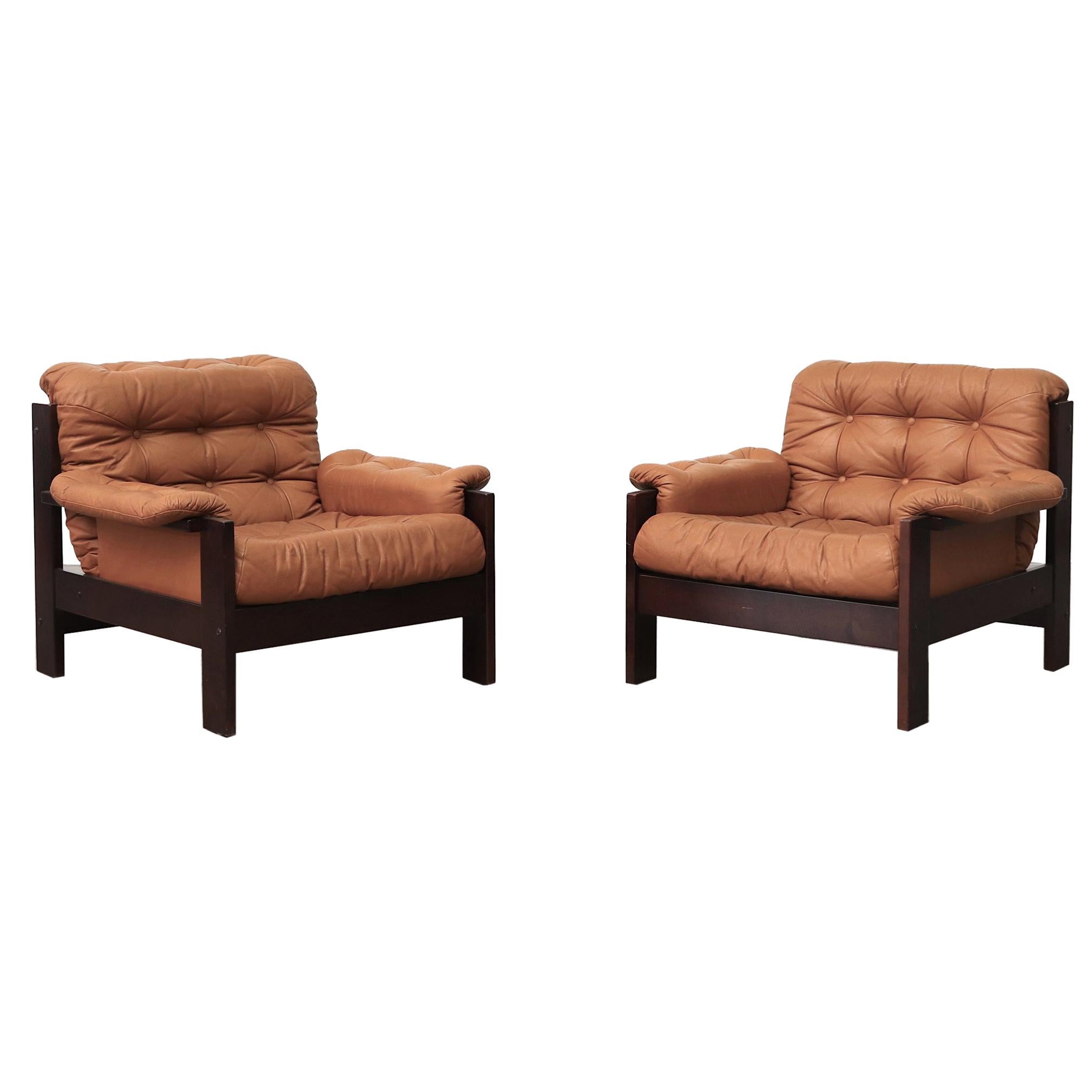 Arne Norell Inspired Pair of Leather Lounge Chairs for Illums Bolighus