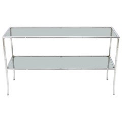 Faux Chrome Bamboo Smoked Glass Two-Tier Sofa Console Table