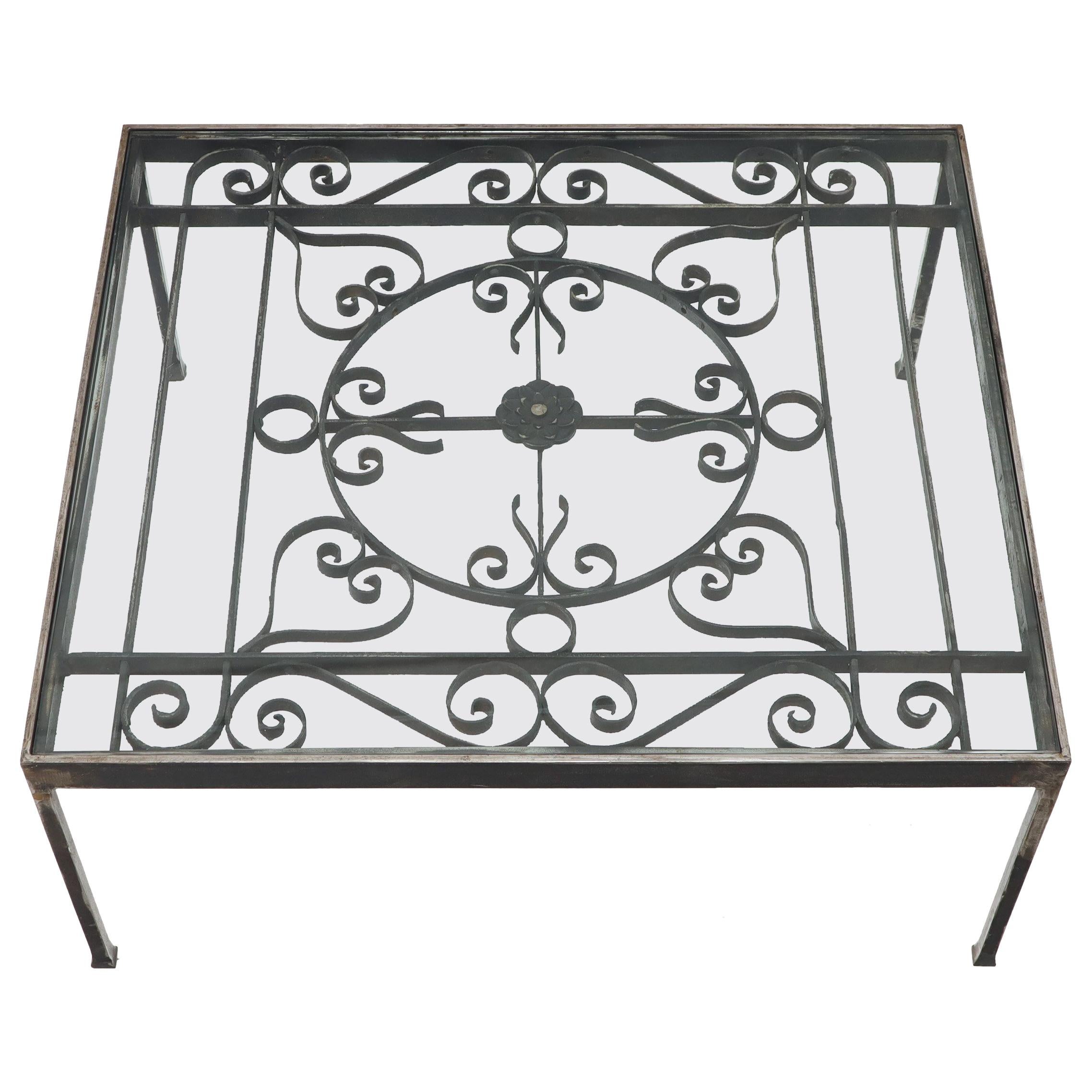 Massive Wide Rectangle Glass Top Wrought Iron Coffee Center Table For Sale