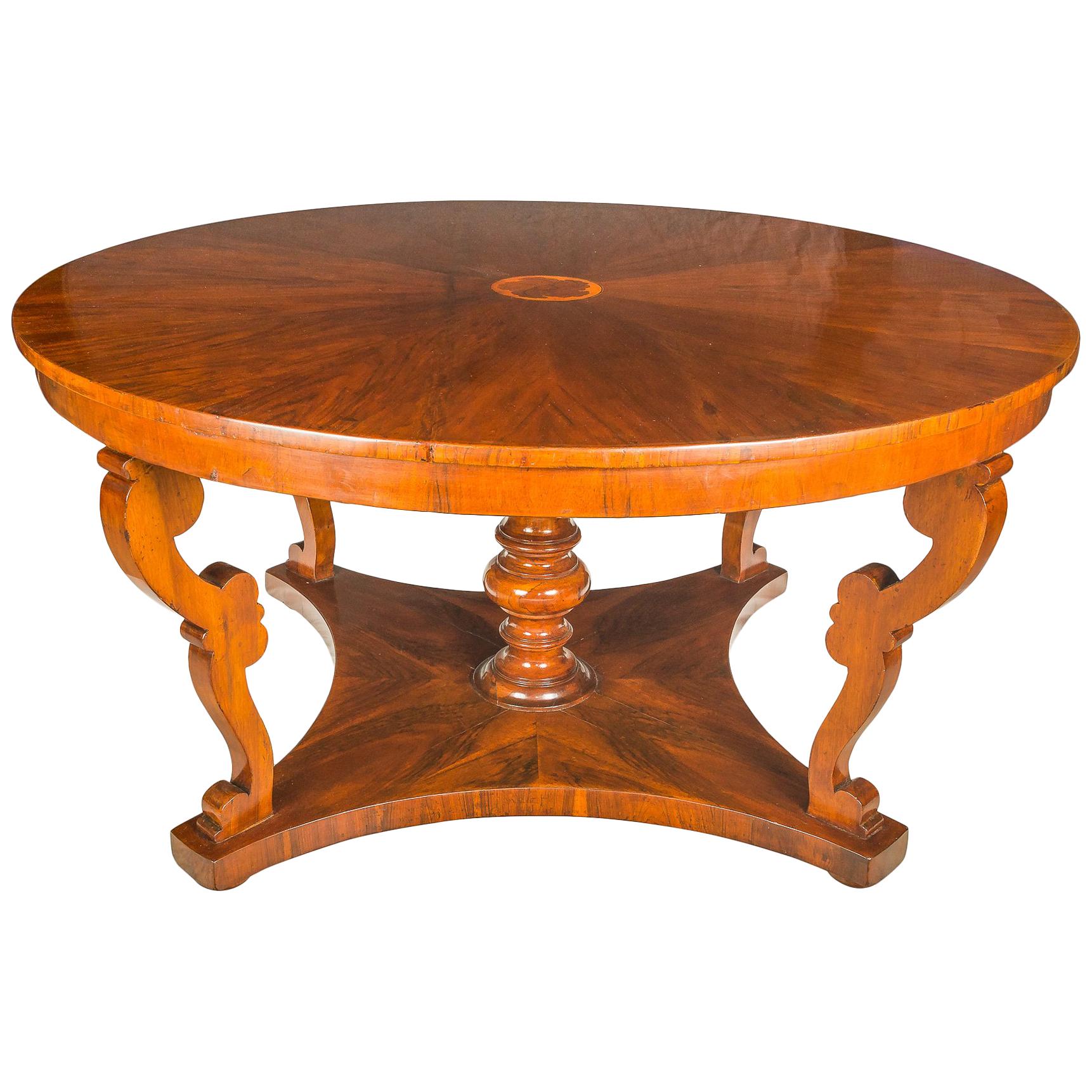 Italian Round Dining Table, Italy 19th Century Inlaid Wood Charles X Biedermeier For Sale