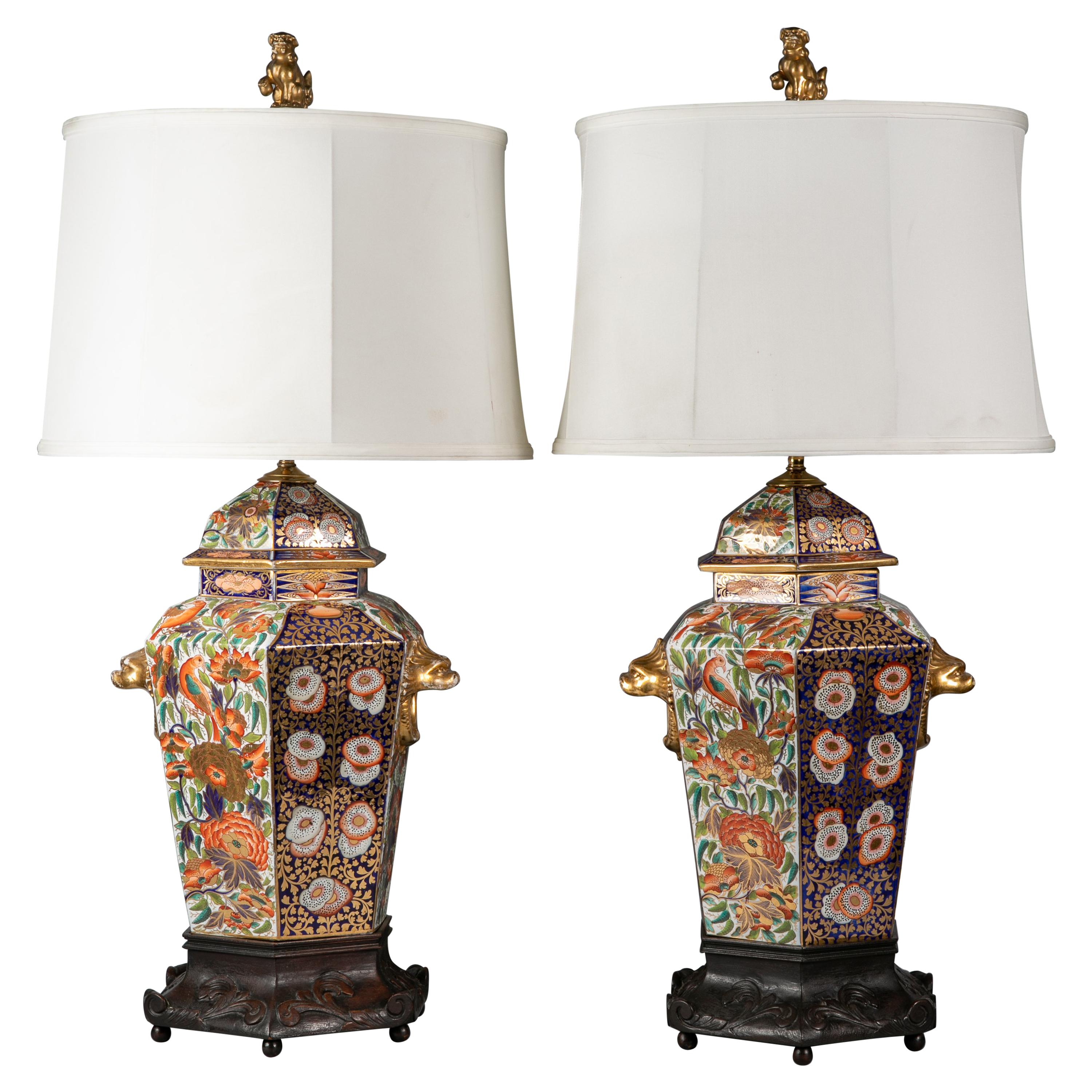 Pair of English Porcelain Hexagonal Imari-Pattern Lamps, Spode, circa 1820 For Sale