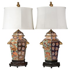 Pair of English Porcelain Hexagonal Imari-Pattern Lamps, Spode, circa 1820