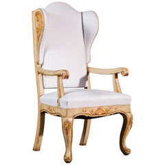 Unique Baroque Style Antique German Painted Wing Back Chair, circa 1850