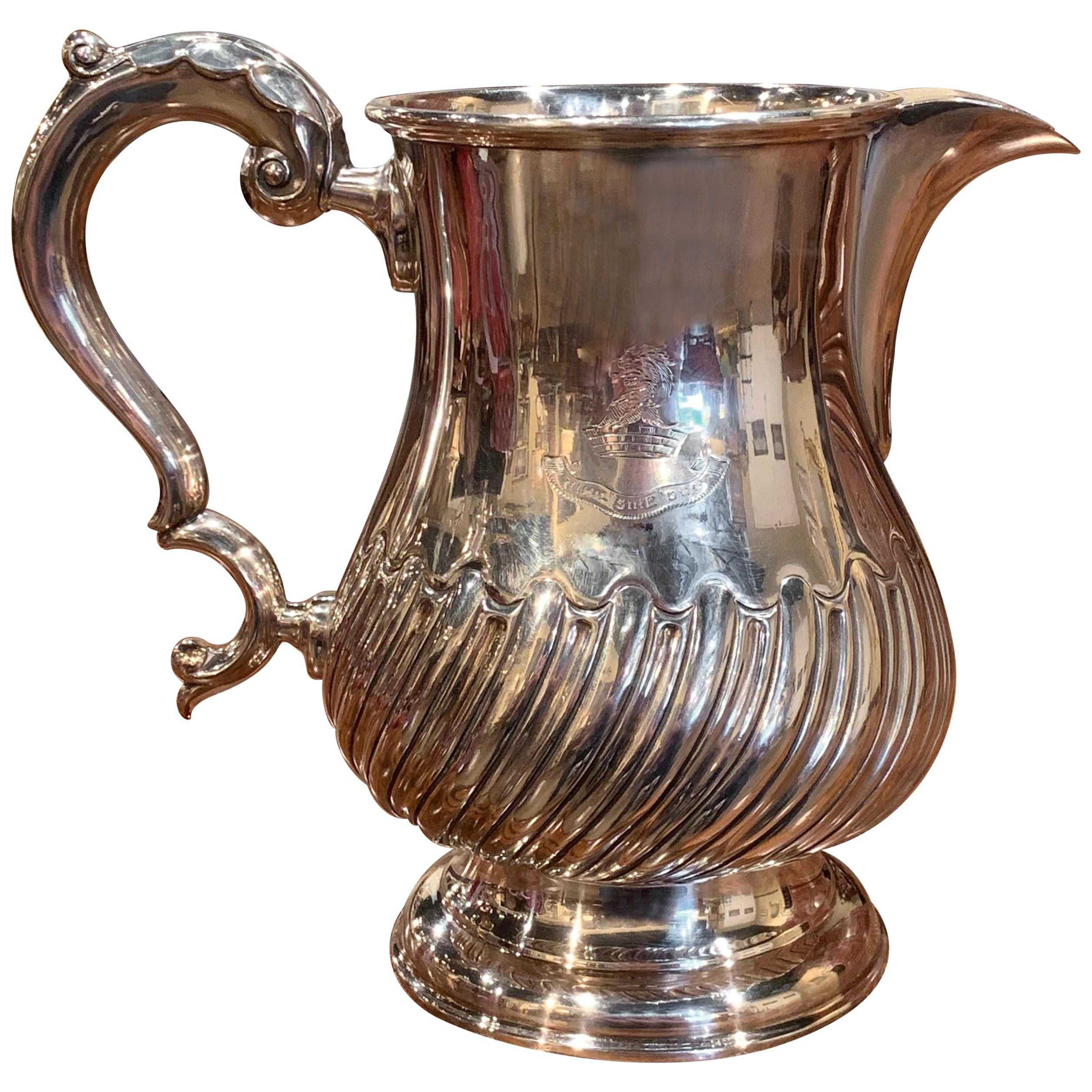 Early 20th Century English Silver Plated Pitcher with Engraved Crest