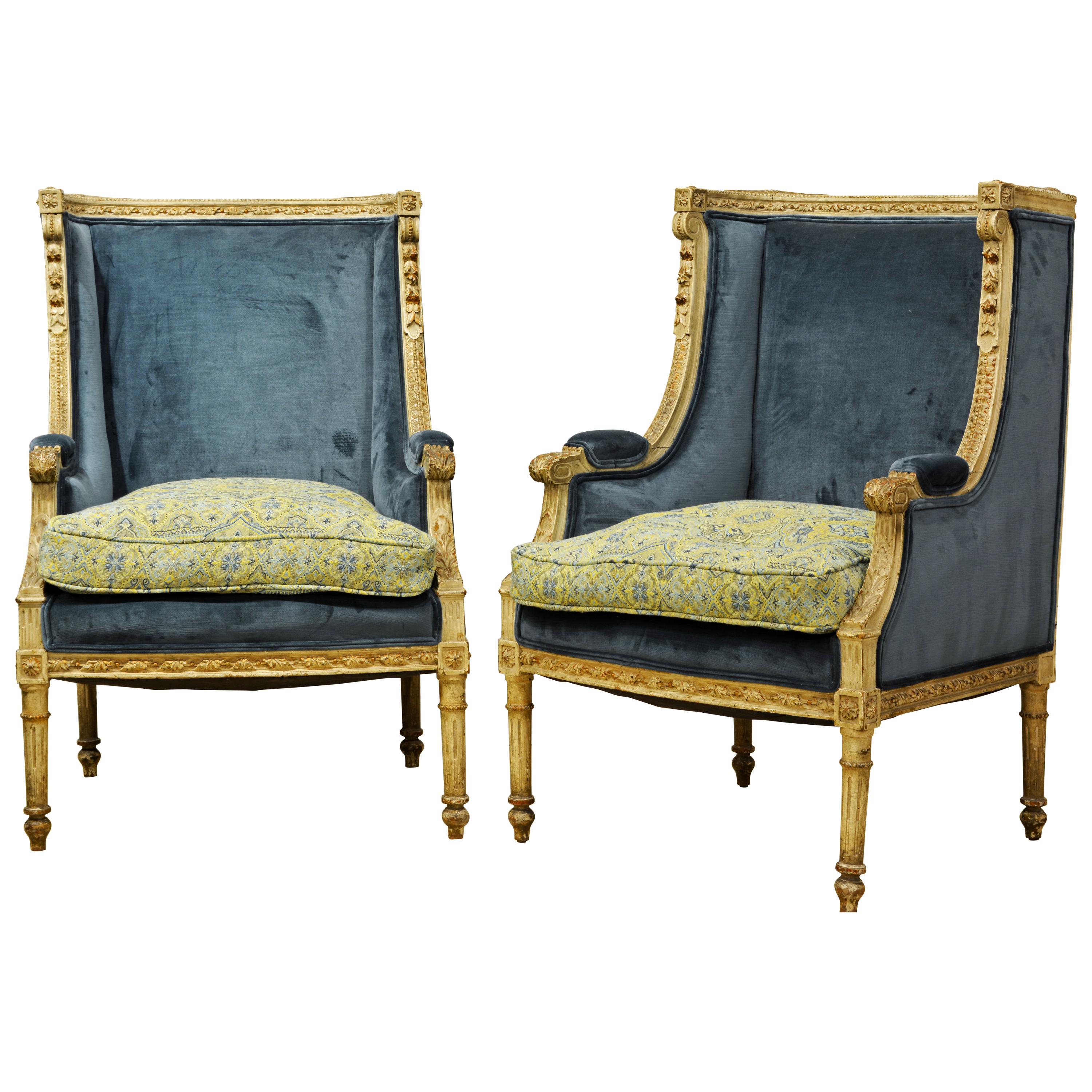 Pair of Late 19th Century, Louis XVI Style Carved and Painted Bergères
