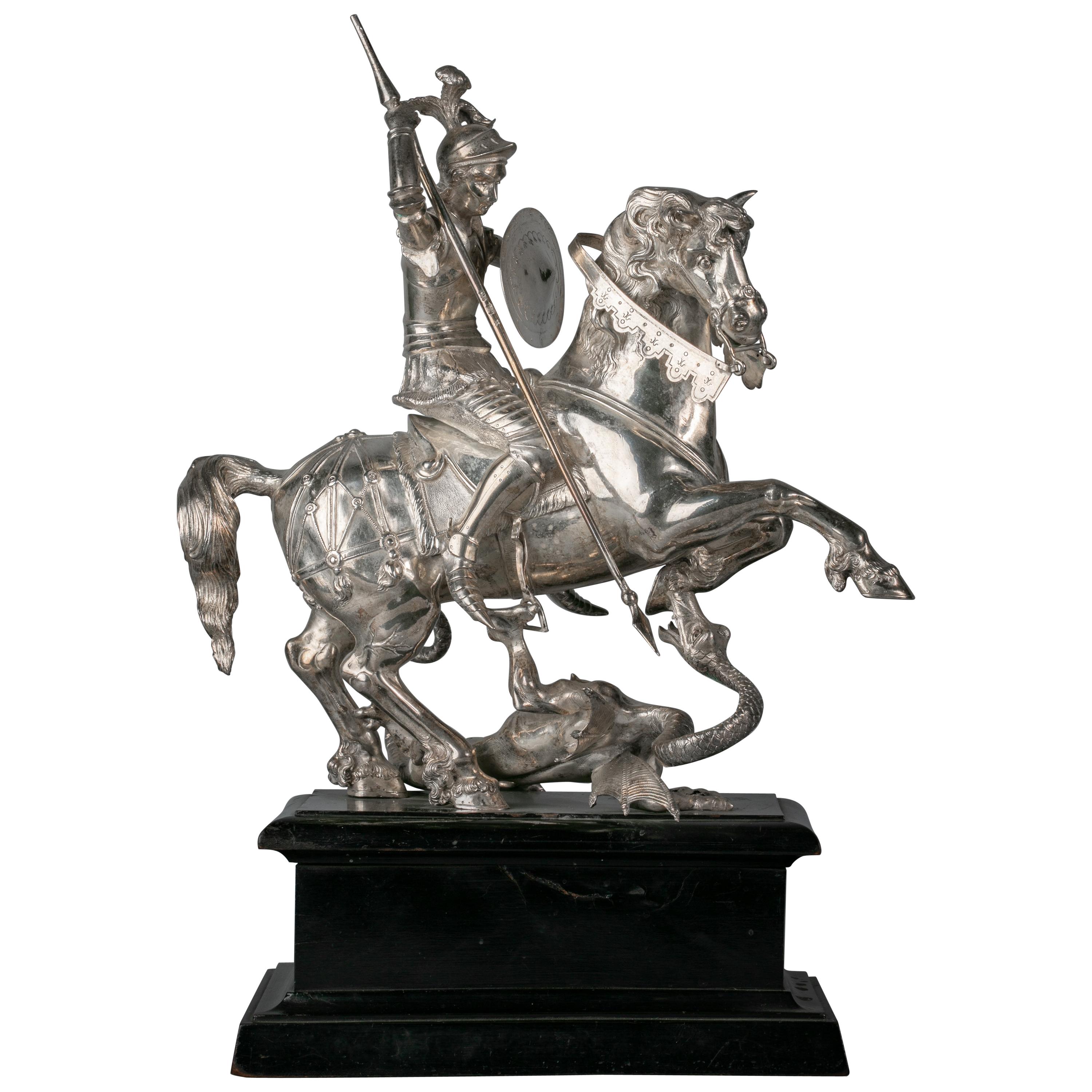 Continental Silver Figural Group of St. George and the Dragon, circa 1860 For Sale