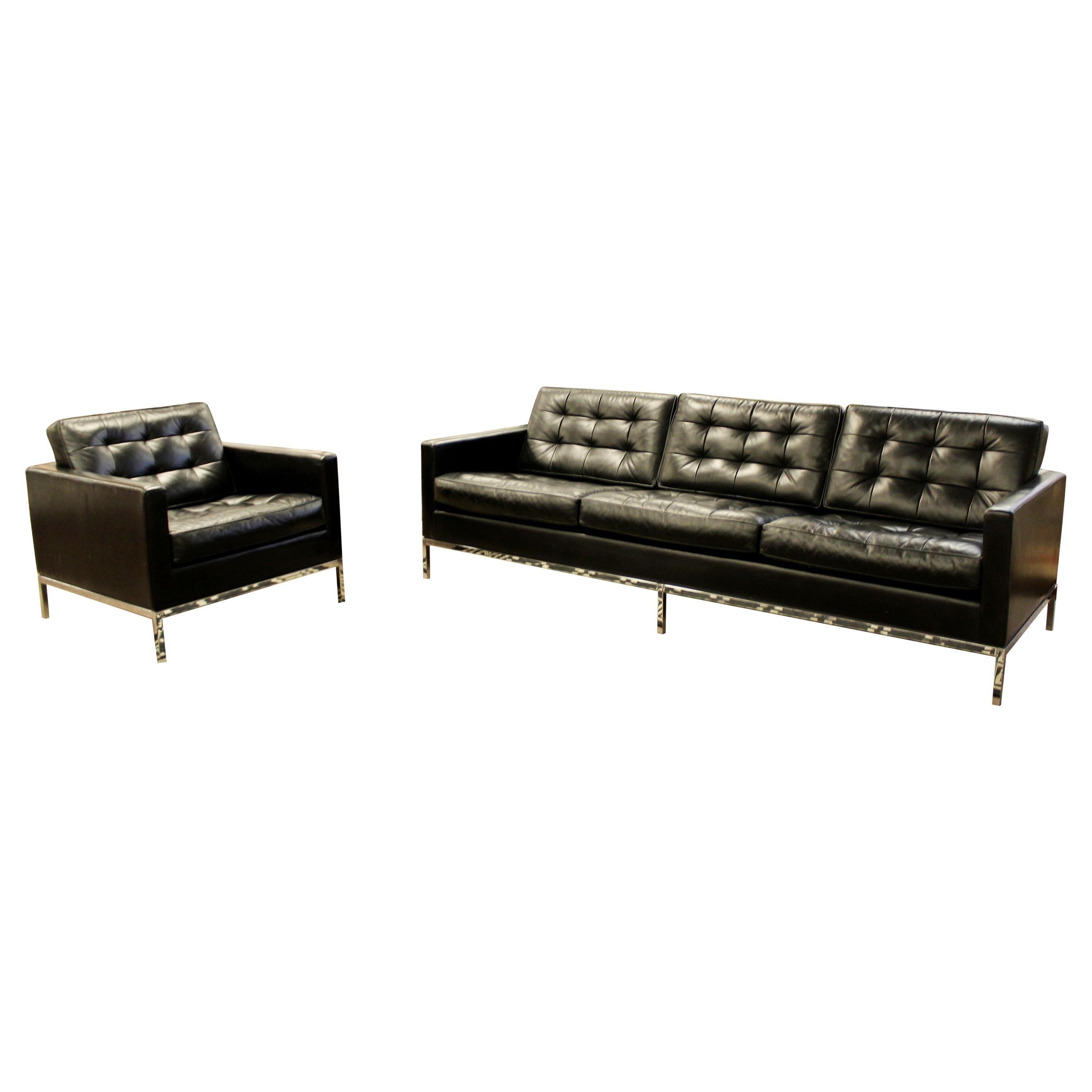 Mid Century Modern Vintage Knoll Chrome Sofa & Armchair Black Tufted Leather