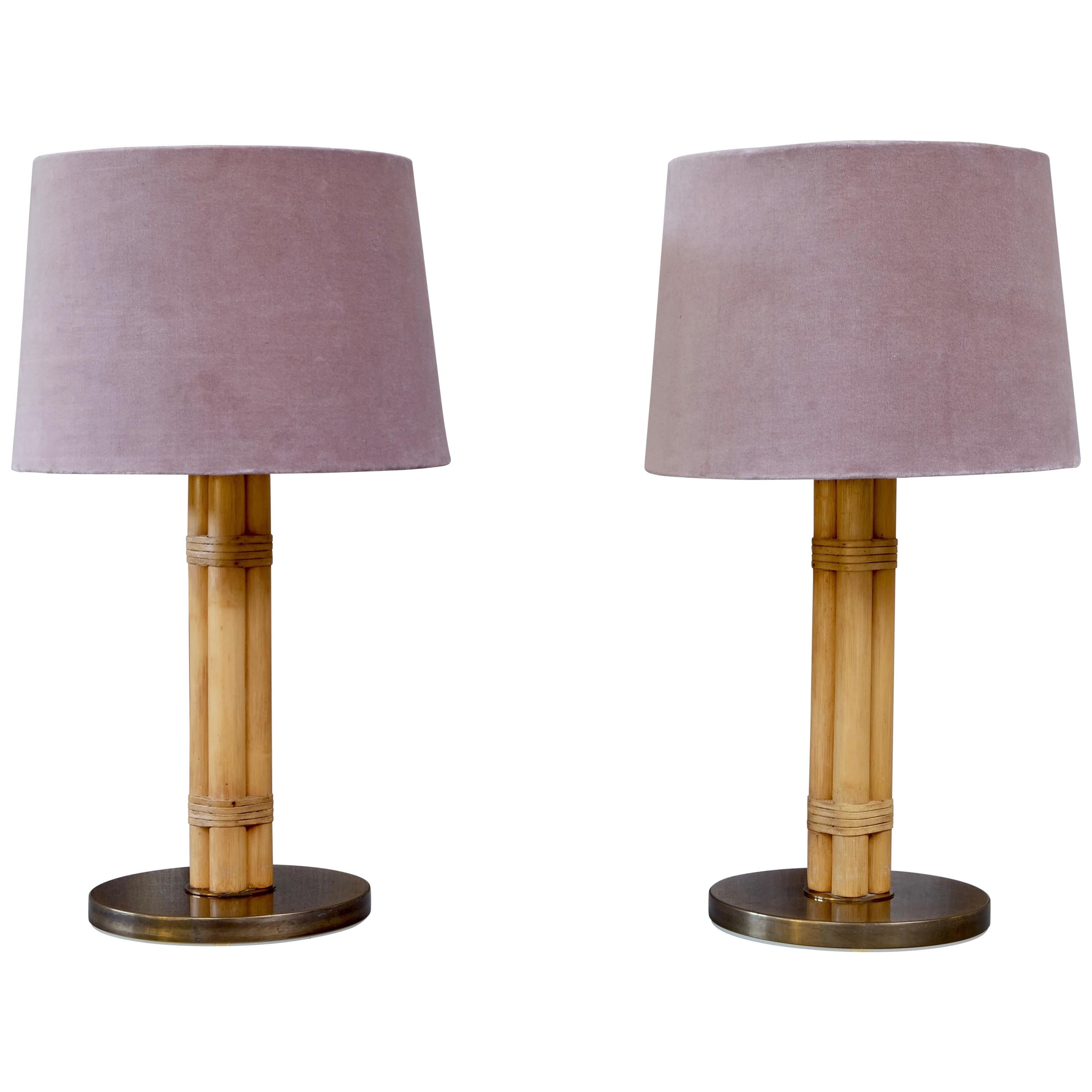 Pair of Swedish Brass and Bamboo Table Lamps by Bergboms, 1960s