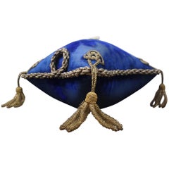 19th Century French Royal Blue Faded Grandeur Velvet Marriage Cushion