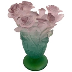 Wonderful Daum Art Glass Pate De Verre Rose Vase Signed Daum France Green Pink