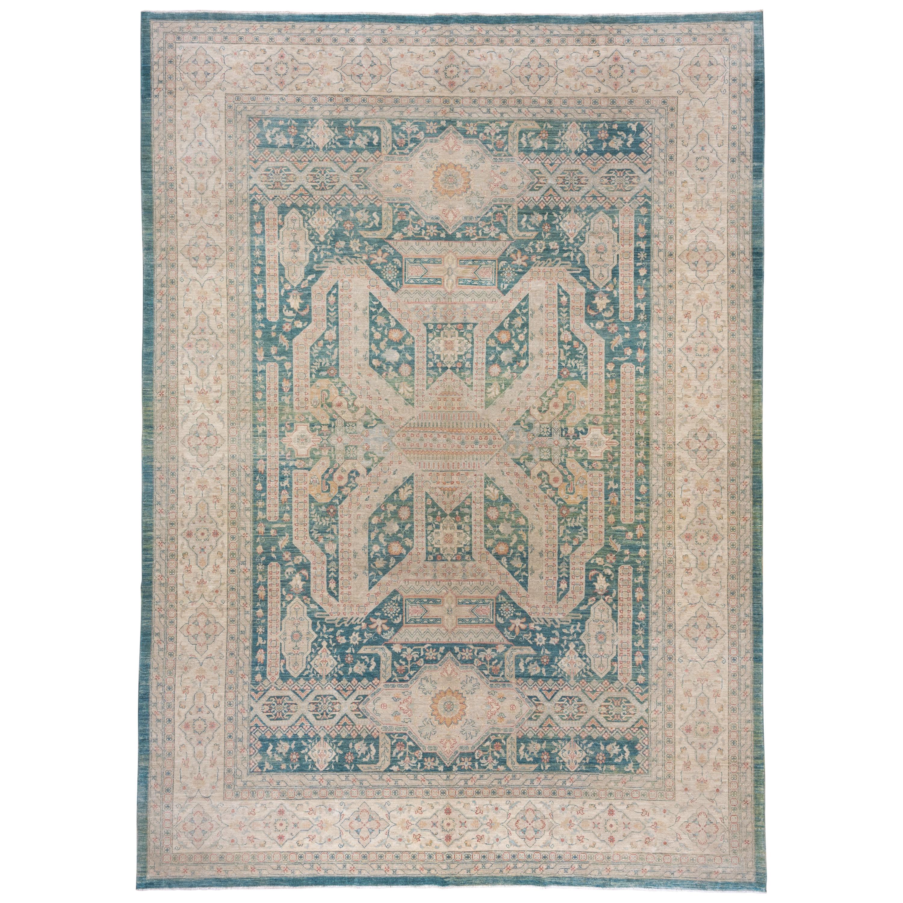Urban Hand Knotted Afghan Carpet, Teal and Green