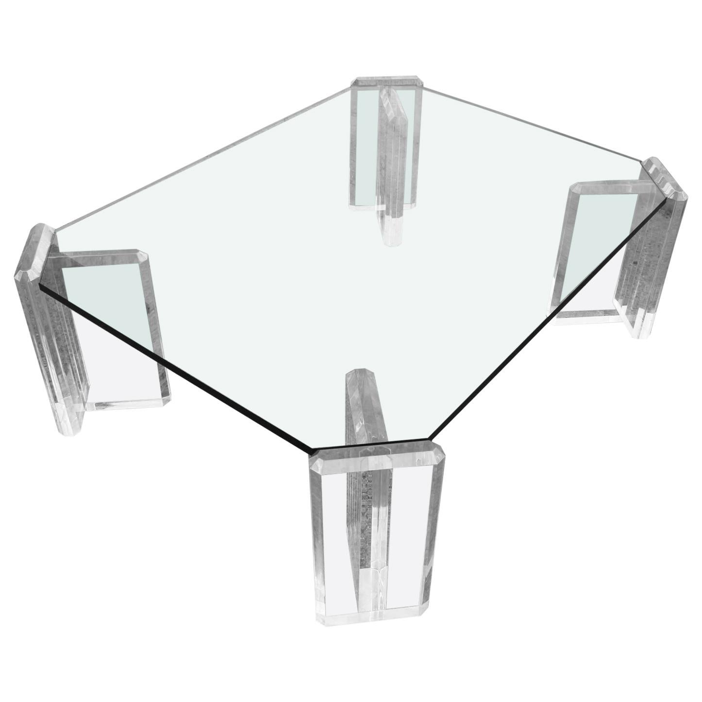 Karl Springer Style Coffee Table with Lucite Block Legs and Glass Top