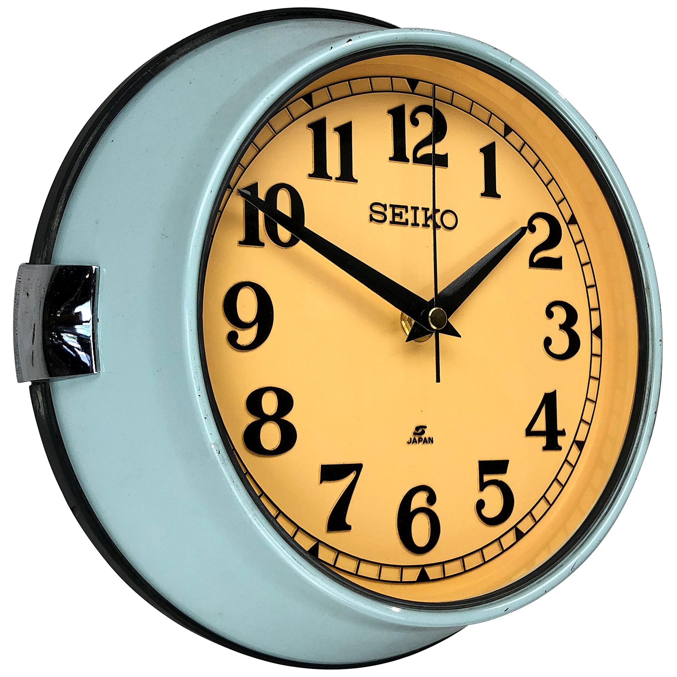 1970 Seiko Blue & Tobacco Retro Vintage Industrial Antique Steel Quartz Clock
