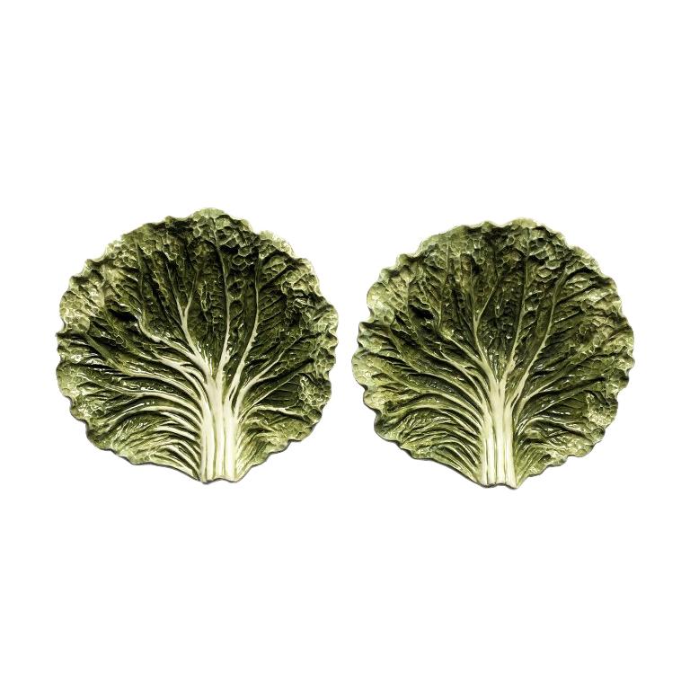 Green Cabbage Ware Majolica Style Table Top Plates Entertaining a Pair 1950s 