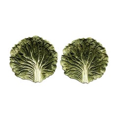 Green Cabbage Ware Majolica Style Table Top Plates Entertaining a Pair 1950s 