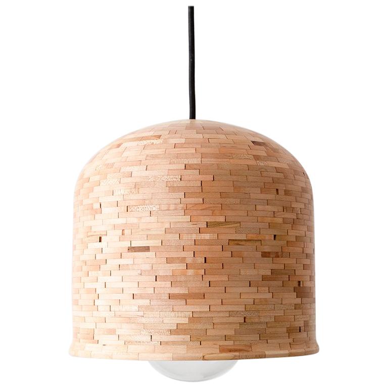 Wooden STACKED Illuminated Hanging Bell-Shaped Sculpture, "Squat", Customizable For Sale